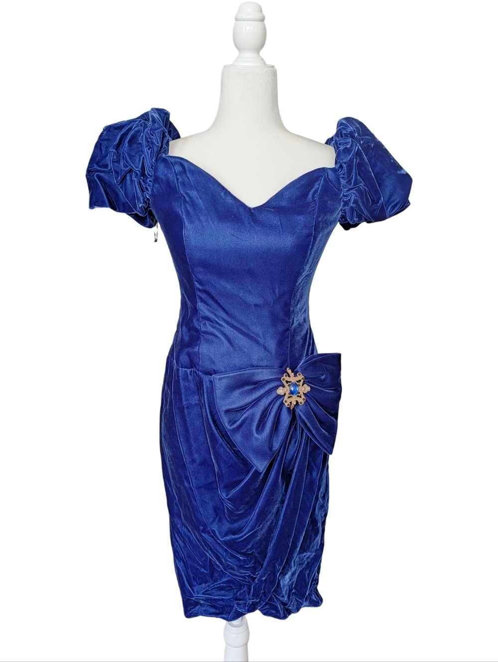 Alex Evenings Womens Blue Vintage Velvet Puff Sleeve Cocktail Midi Dress Size 6 - Picture 1 of 14